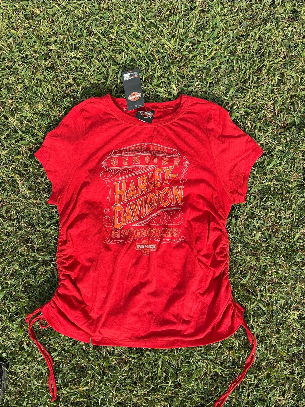 Harley-Davidson Red Women's Side-Ruched Tee with Gold Logo